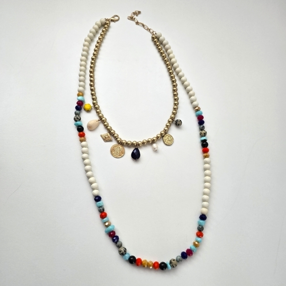 Anthropologie Gold and Cream Layered Necklace with Charms